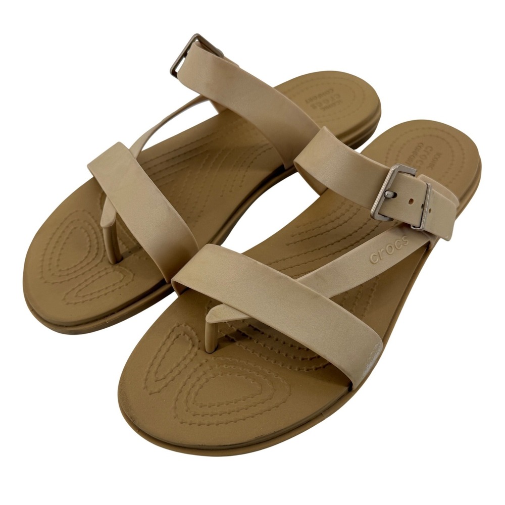 Crocs Tulum Toe Post Toe Sandal Metallic Champagne Tan Women 10 Slip On Buckle